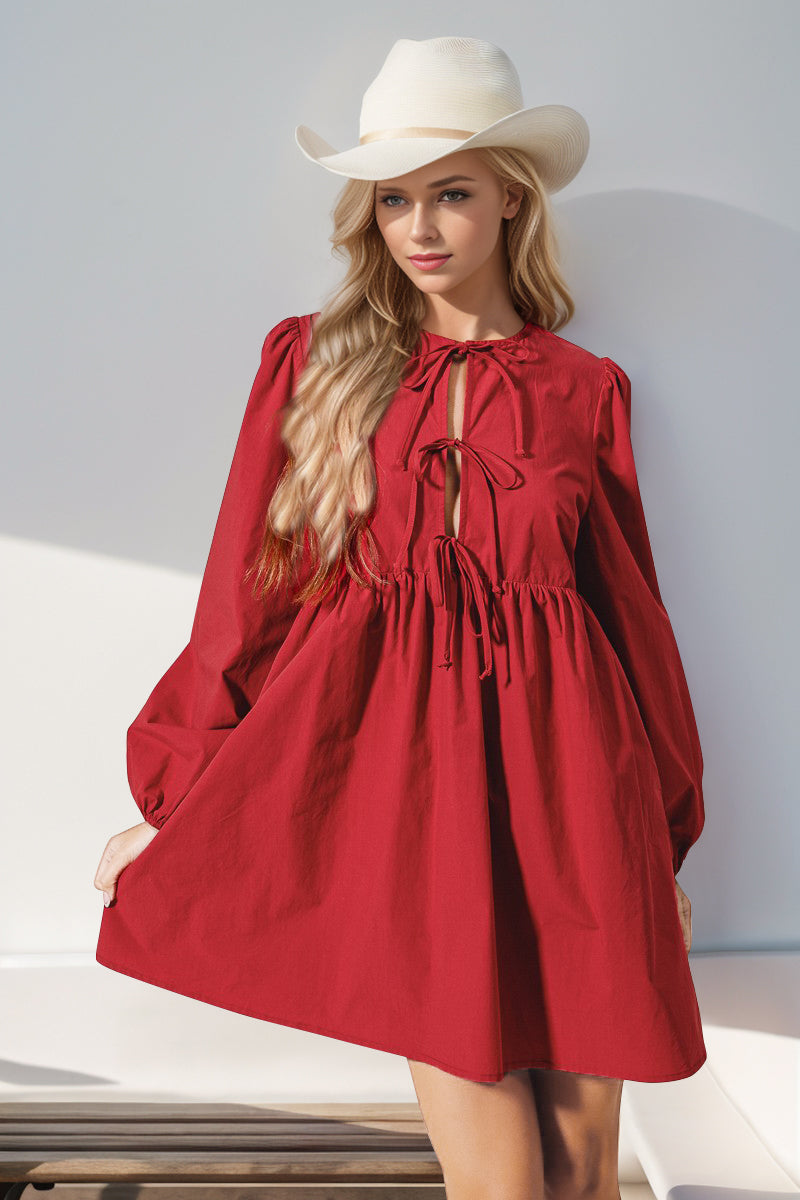Double Take Christmas Front Tied Long Sleeve Mini Dress Red / XL