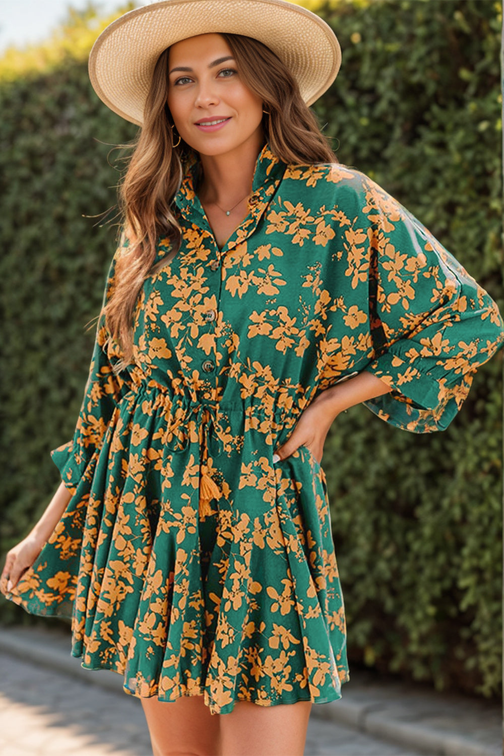 quarter sleeve mini dress Printed Three-Quarter Sleeve Mini Dress Dark Green / S