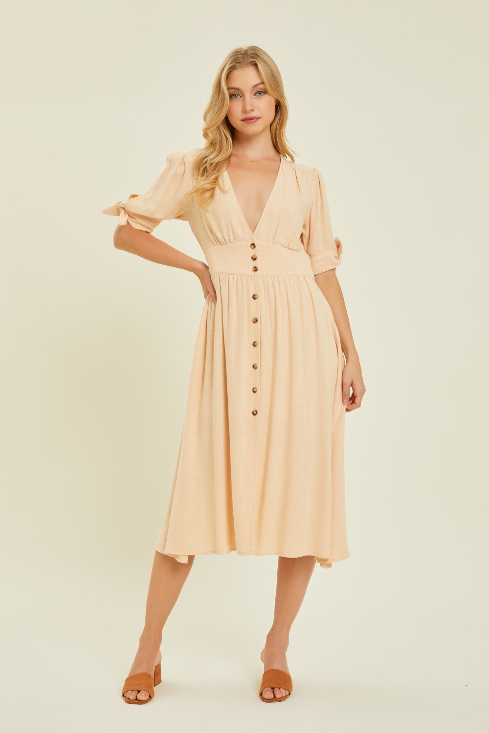 button down midi dress HEYSON Full Size Textured Linen V-Neck Button-Down Midi Dress