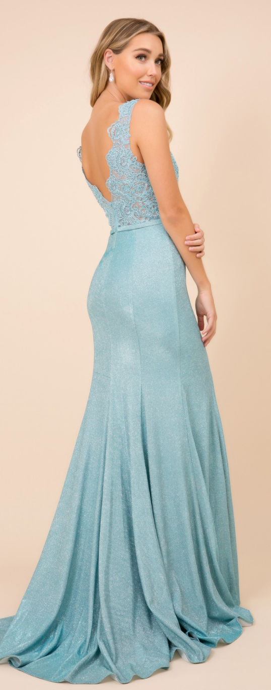 V neck Split Skirt Long Prom Dress with Lace Top - The Teal Antler™