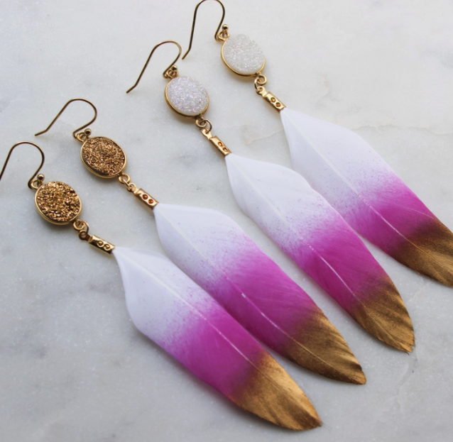 Gold Dipped Pink Druzy Feather Earrings - The Teal Antler™