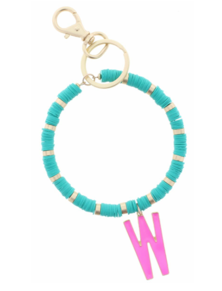 Pink "W" Initial w/ Turquoise&Gold Sequin Discs Keychain - The Teal Antler Boutique