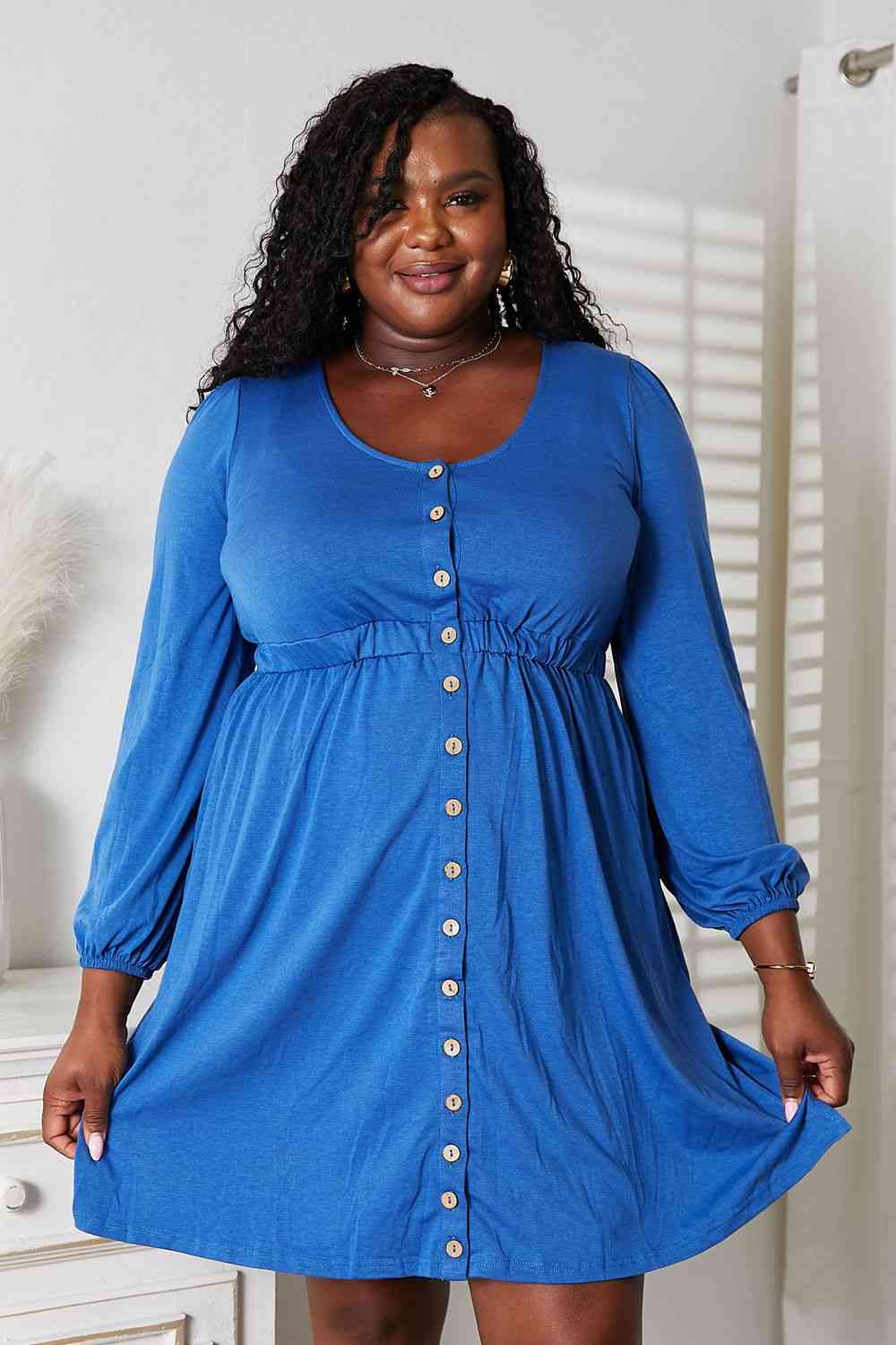 Double Take Scoop Neck Empire Waist Long Sleeve Magic Dress Royal Blue / L