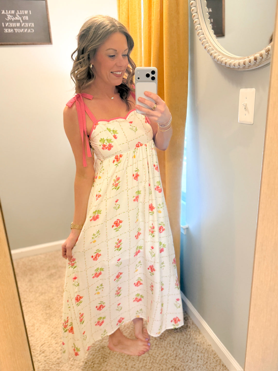 Floral Tile Pattern Scalloped Tie Strap Midi Dress