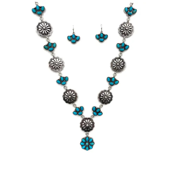 Western Concho Flower Charm Link Turquoise Necklace Earrings - The Teal Antler Boutique