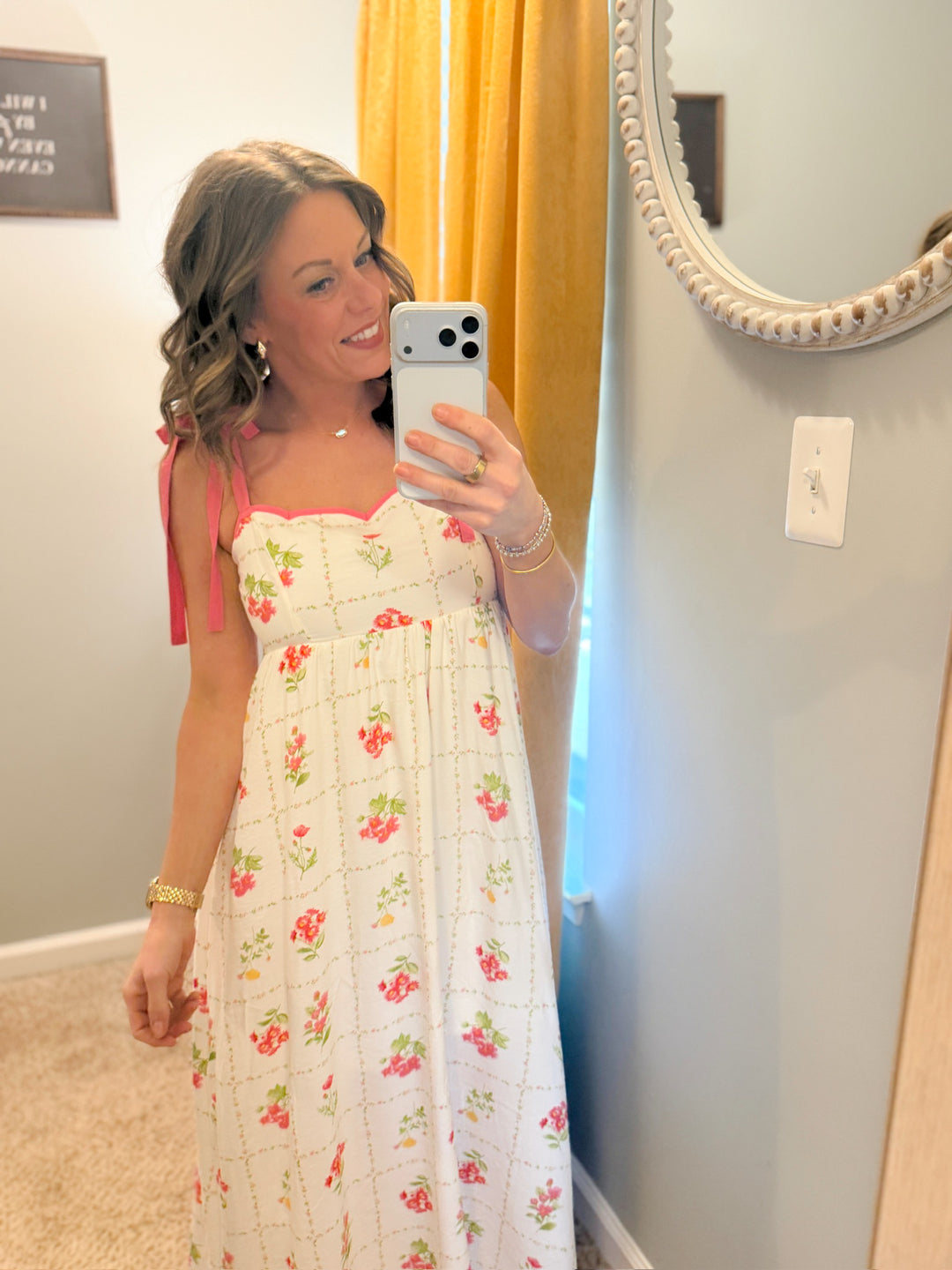 Floral Tile Pattern Scalloped Tie Strap Midi Dress