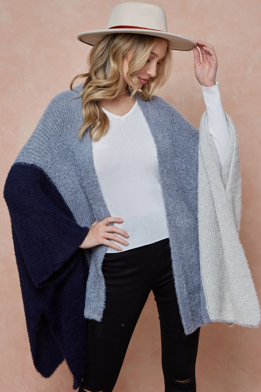 Fuzzy Eyelash Color Blocked Shawl Cardigan
