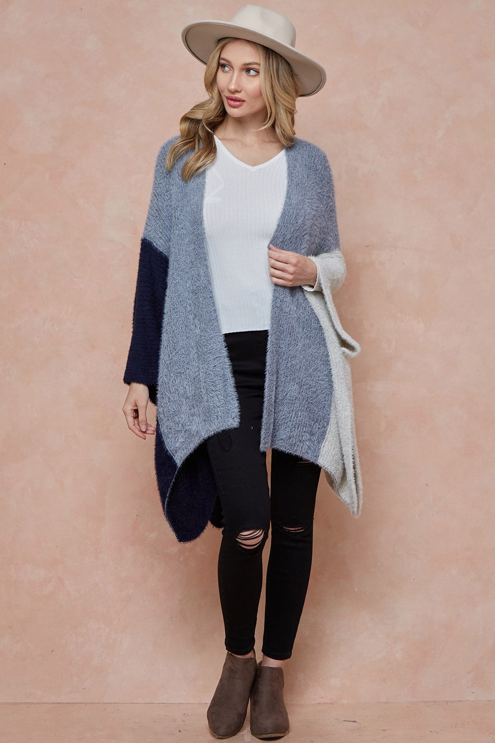Fuzzy Eyelash Color Blocked Shawl Cardigan