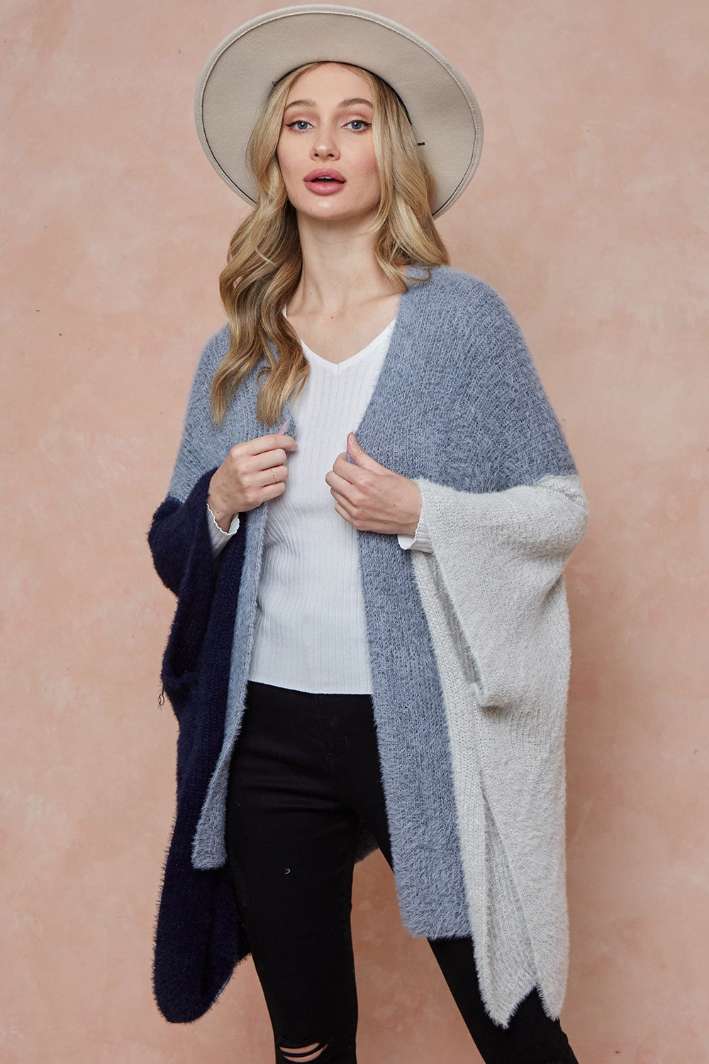 Fuzzy Eyelash Color Blocked Shawl Cardigan