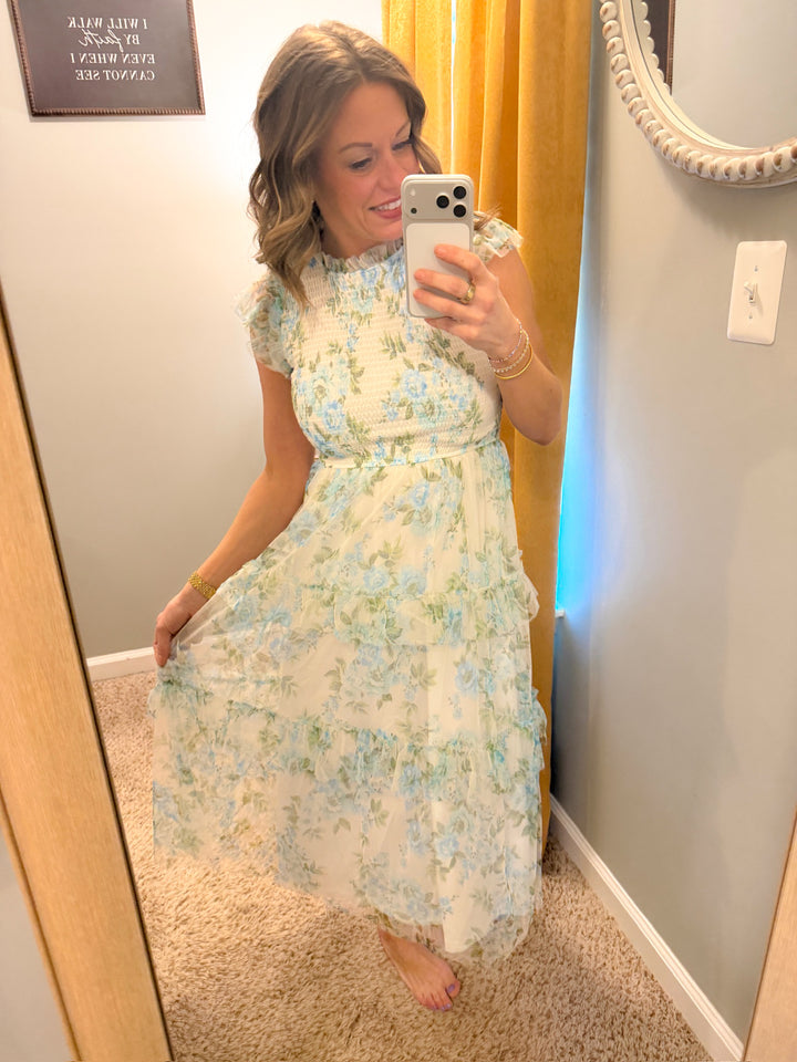 Floral Tulle Pattern Smocked Tiered Midi Dress