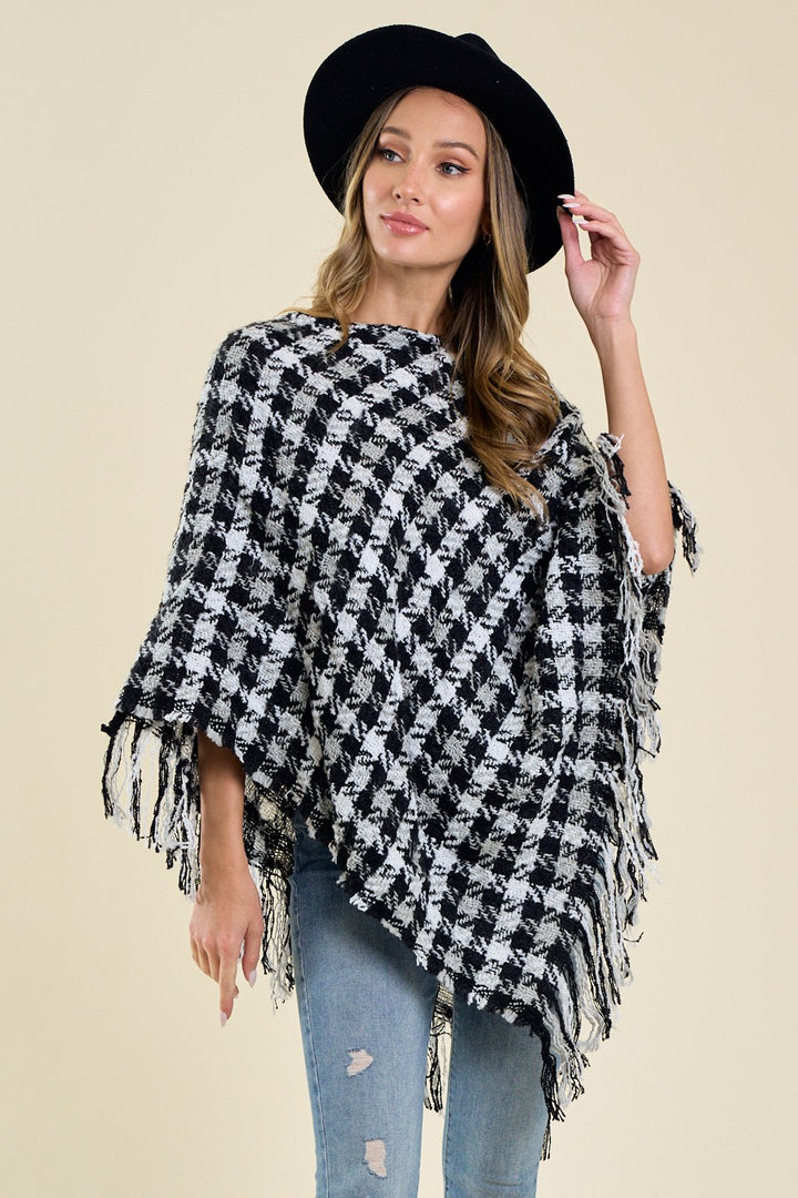 Multi Color Crochet Knit Poncho With Fringe Trim