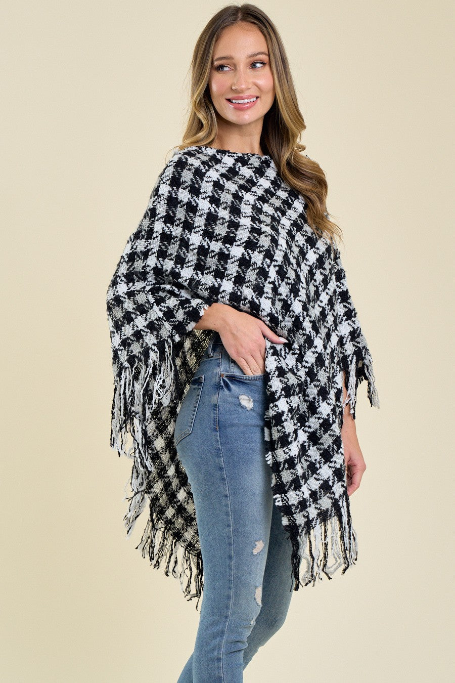 Multi Color Crochet Knit Poncho With Fringe Trim