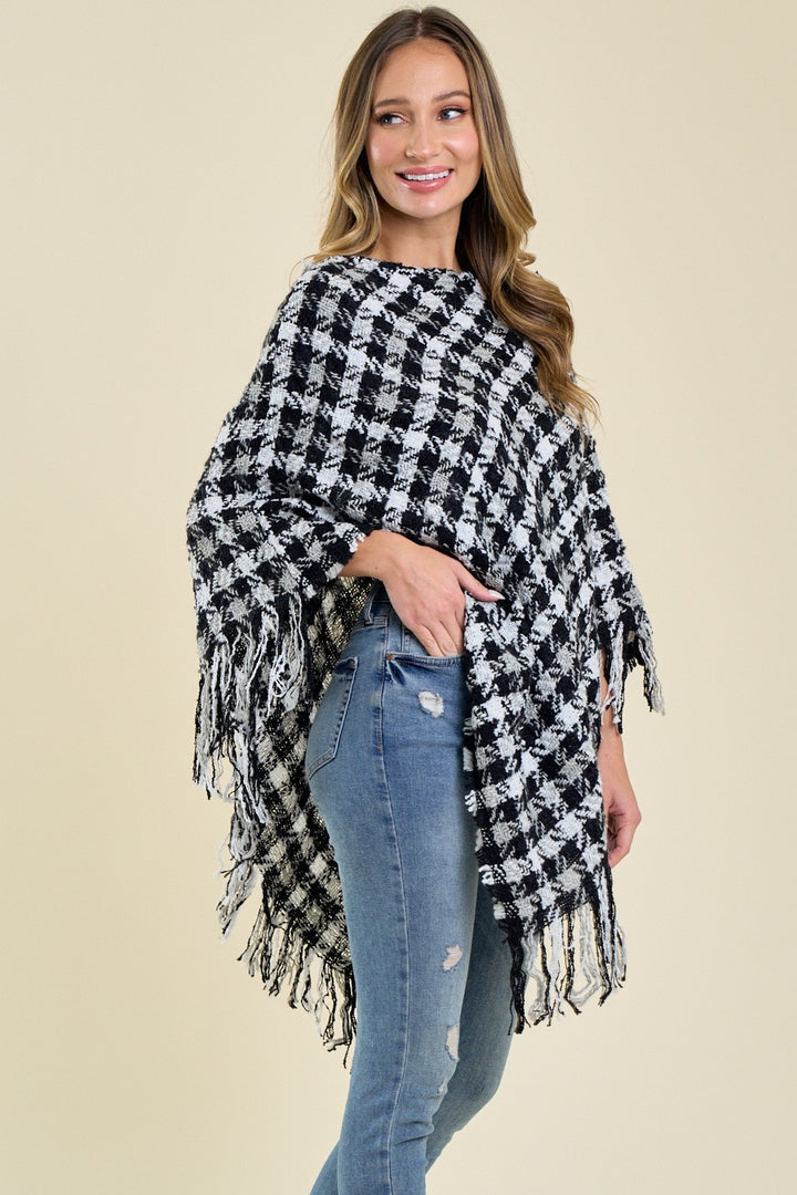 Multi Color Crochet Knit Poncho With Fringe Trim