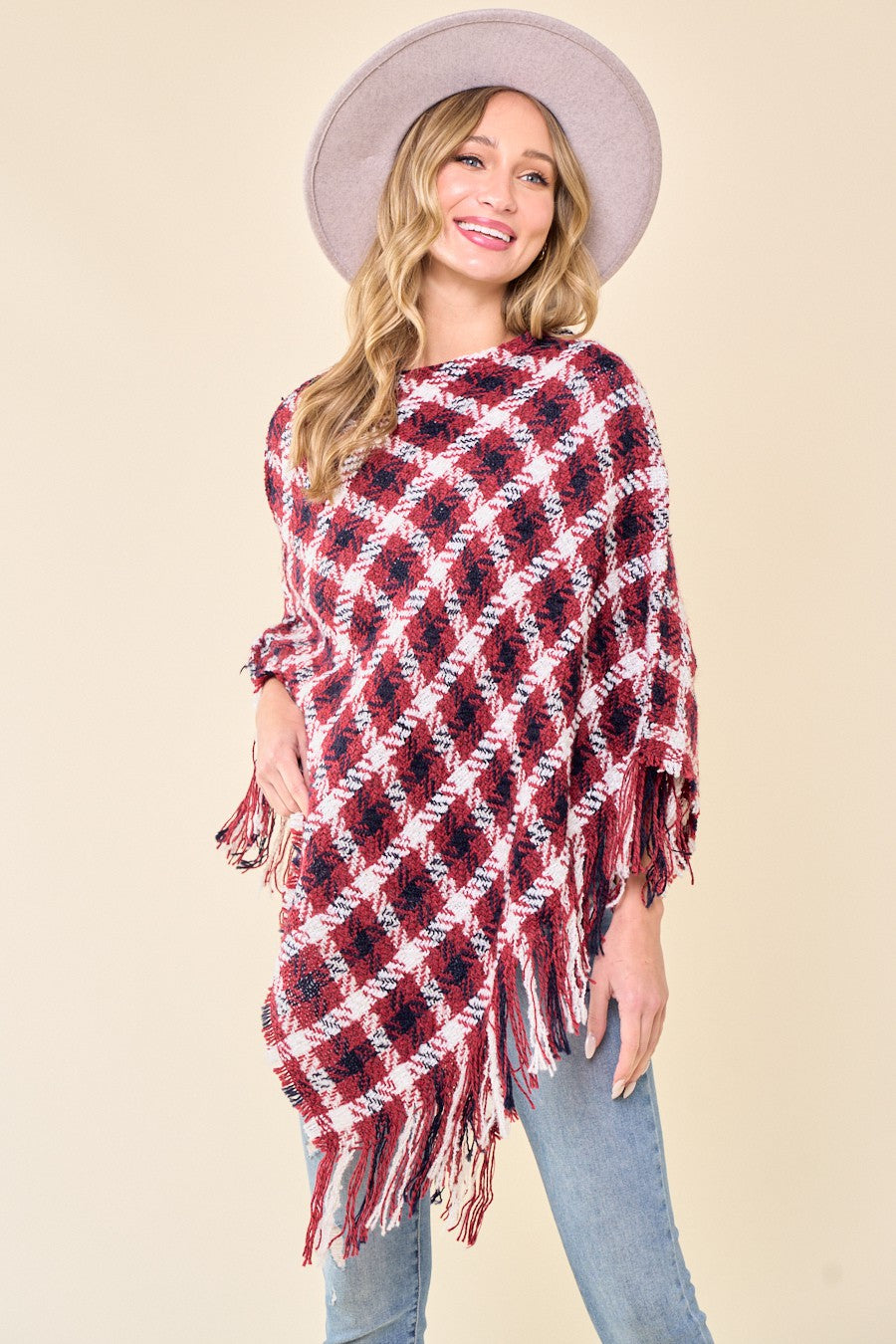 Multi Color Crochet Knit Poncho With Fringe Trim