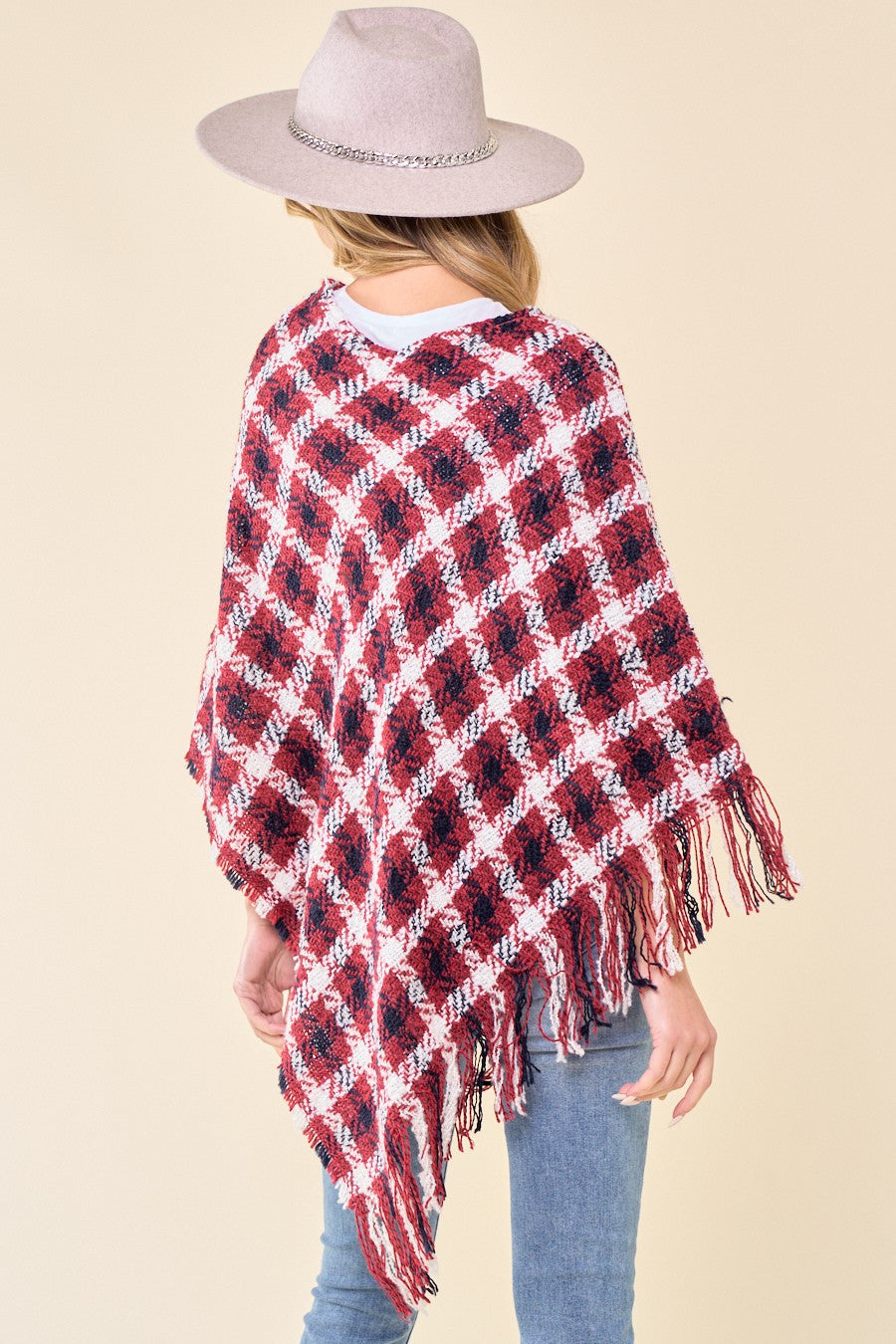 Multi Color Crochet Knit Poncho With Fringe Trim