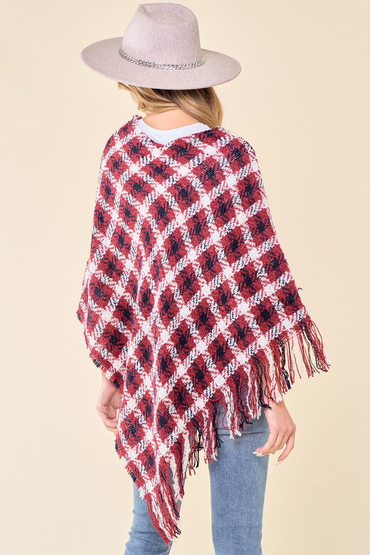 Multi Color Crochet Knit Poncho With Fringe Trim