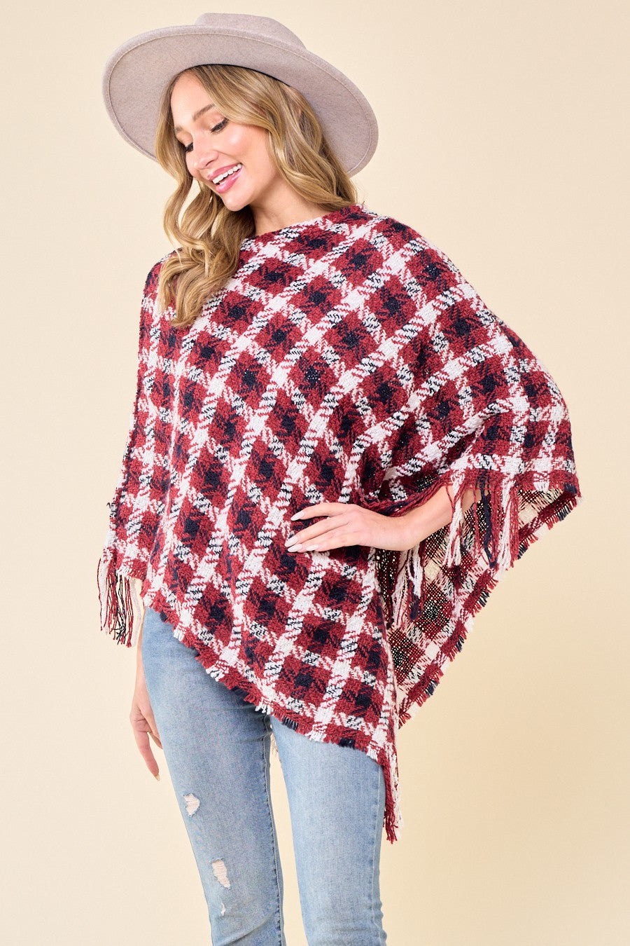 Multi Color Crochet Knit Poncho With Fringe Trim