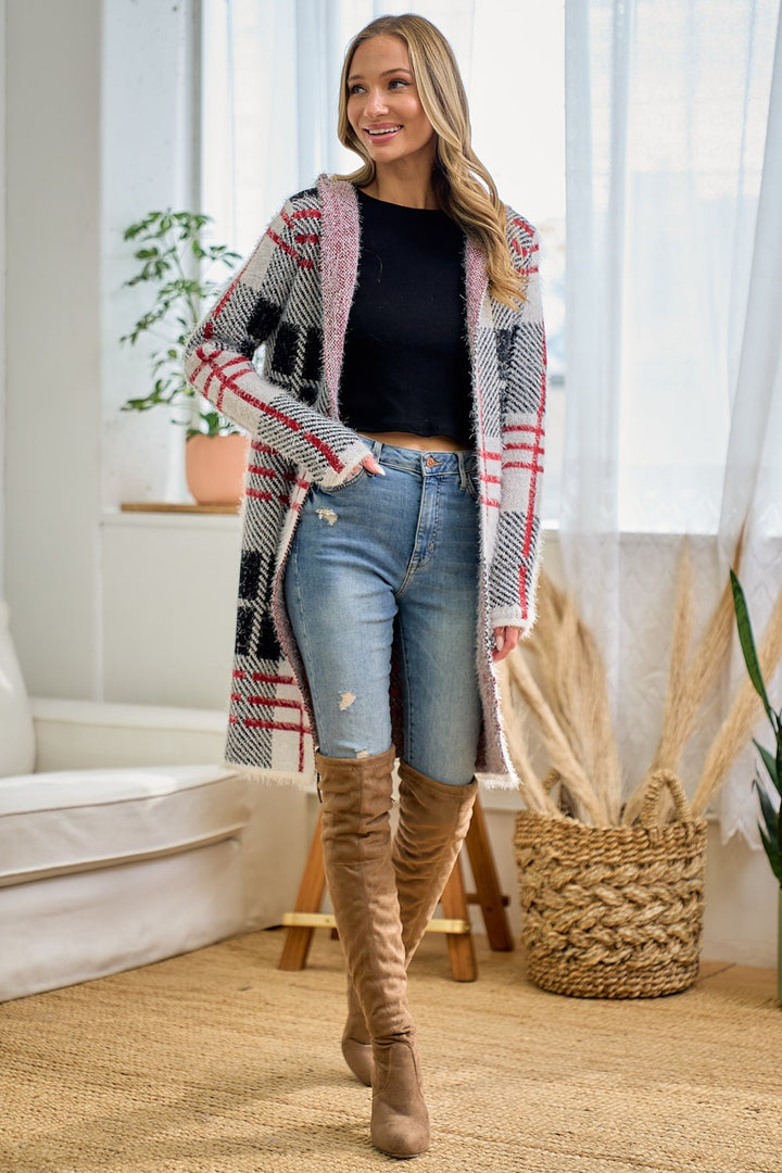 Fuzzy Eyelash Hooded Plaid Pattern Coatigan