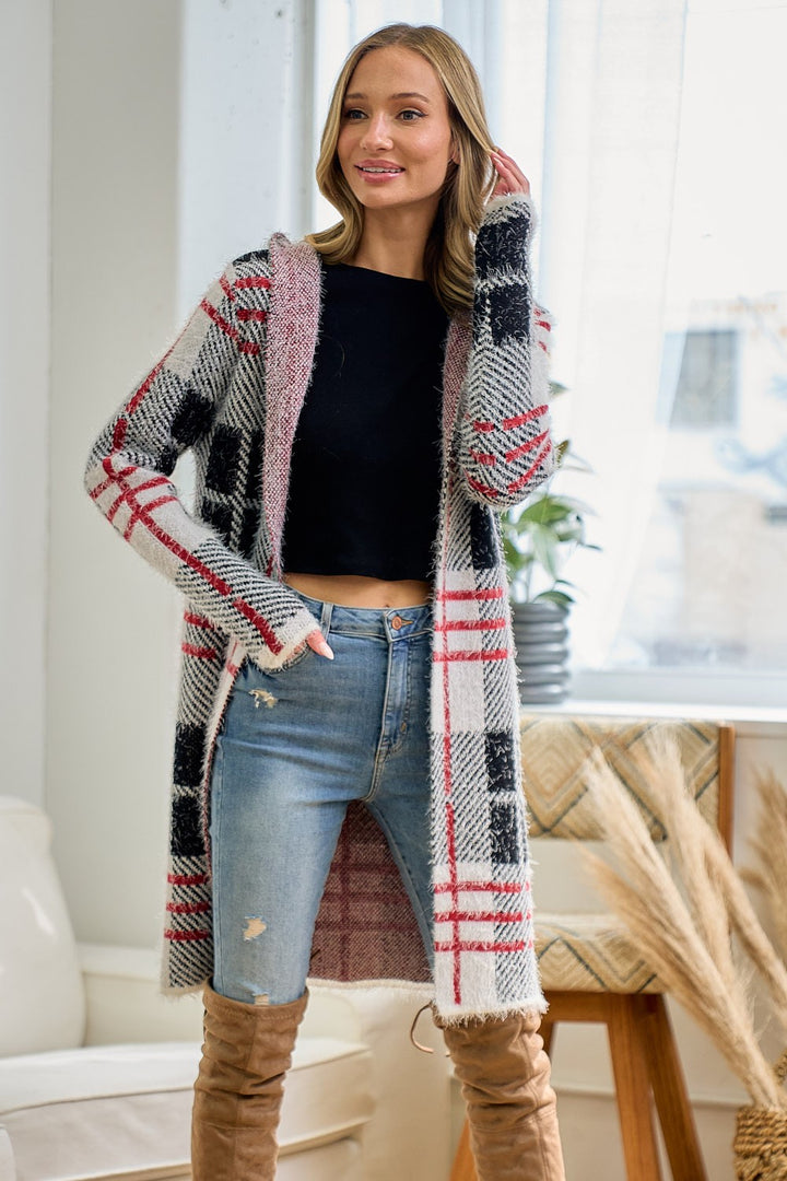 Fuzzy Eyelash Hooded Plaid Pattern Coatigan