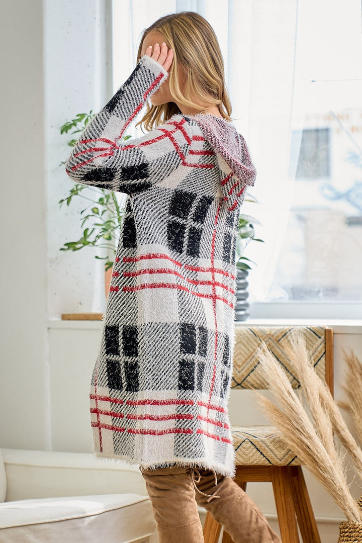 Fuzzy Eyelash Hooded Plaid Pattern Coatigan