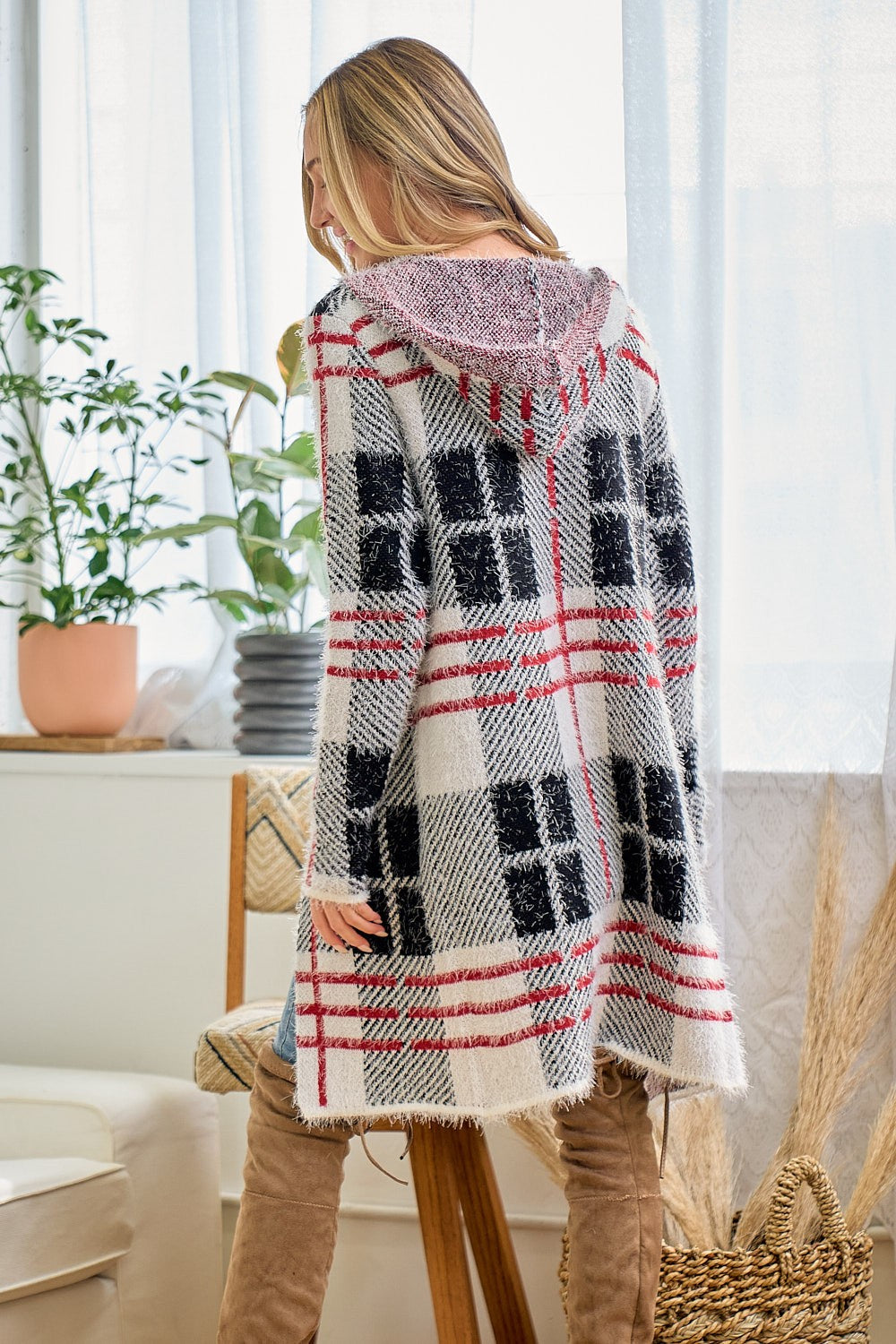 Fuzzy Eyelash Hooded Plaid Pattern Coatigan