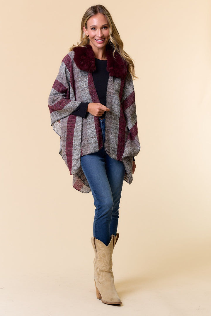 Faux Fur Trim Stripe Shawl Wrap