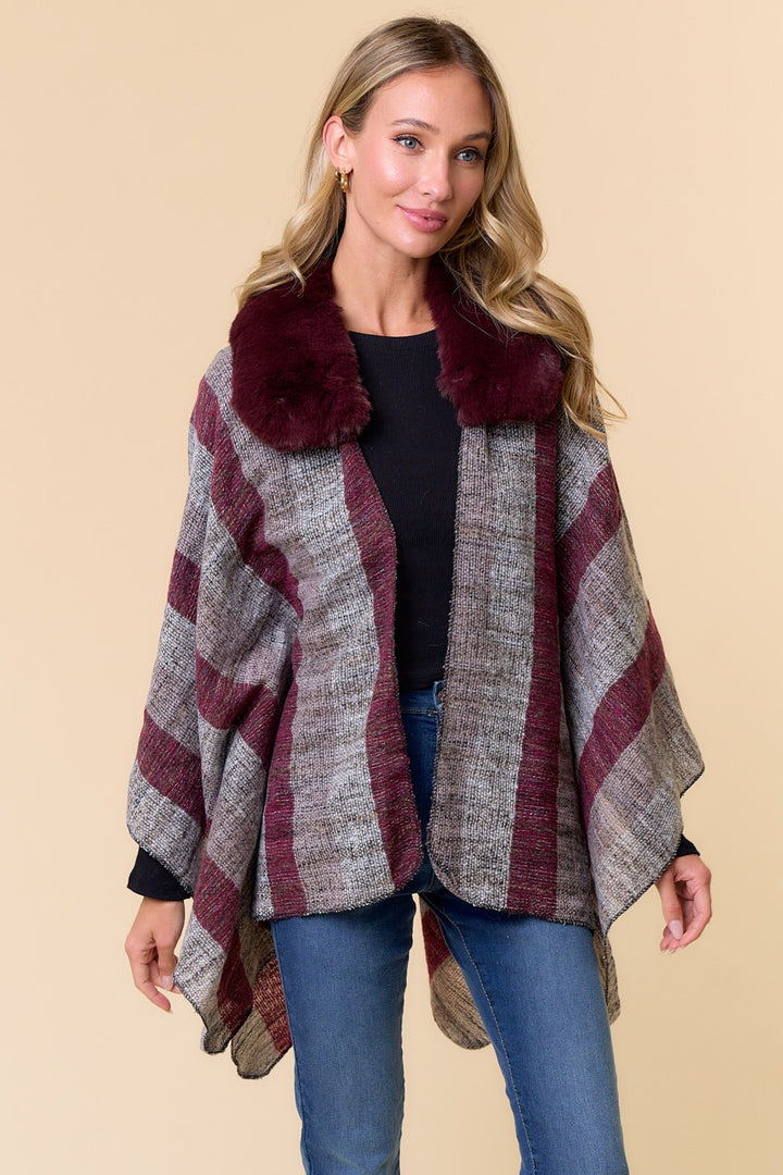 Faux Fur Trim Stripe Shawl Wrap