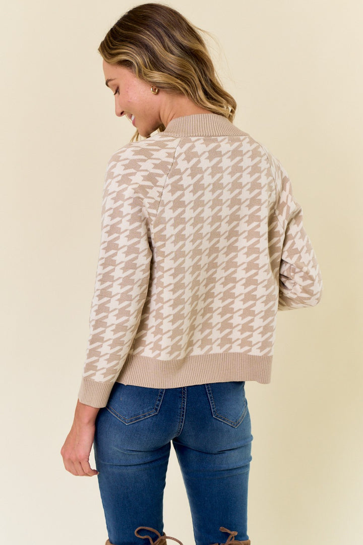 Double Knit Houndstooth Pattern Bomber Jacket