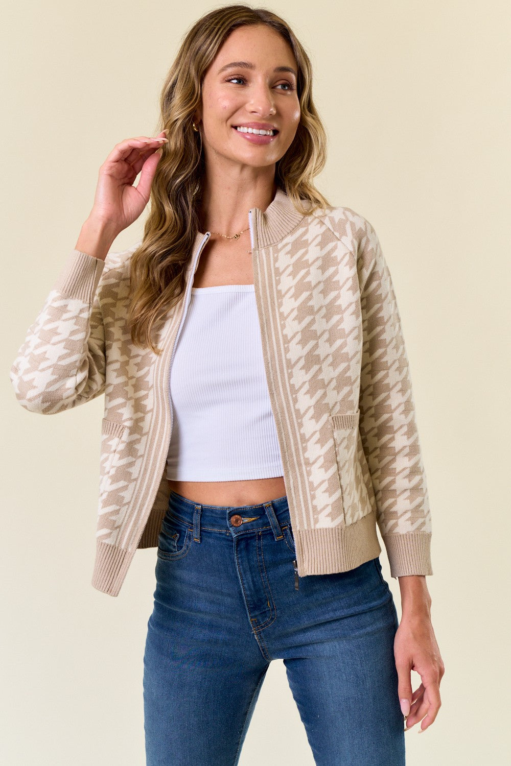 Double Knit Houndstooth Pattern Bomber Jacket
