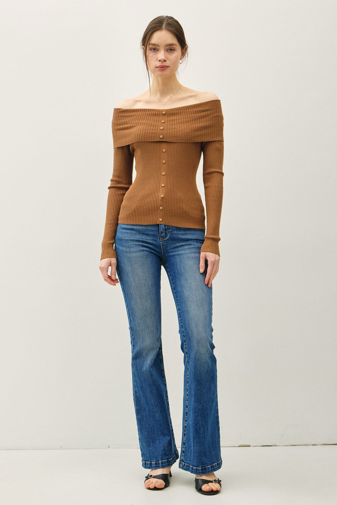 Ribbed Longsleeve Roll Shoulder Button Up Top