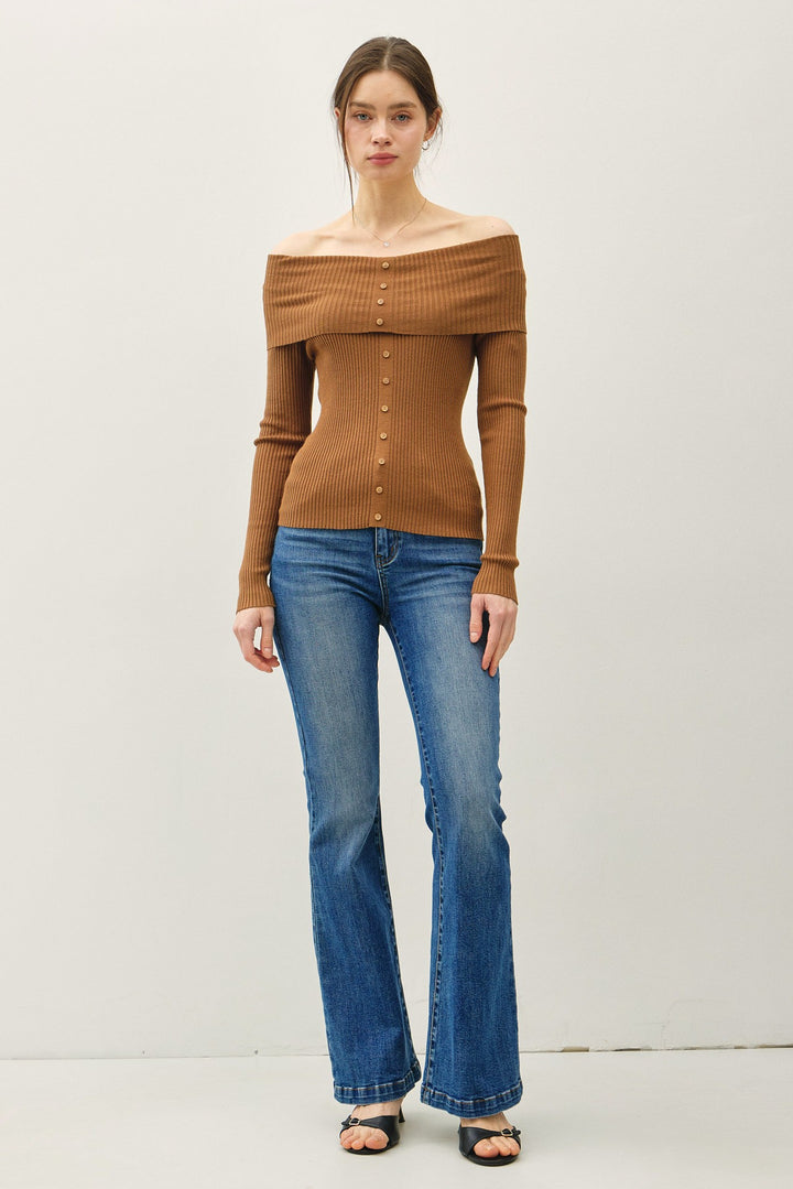Ribbed Longsleeve Roll Shoulder Button Up Top