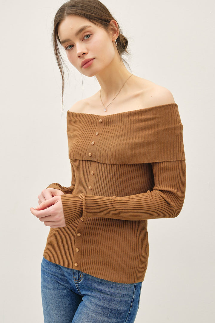 Ribbed Longsleeve Roll Shoulder Button Up Top