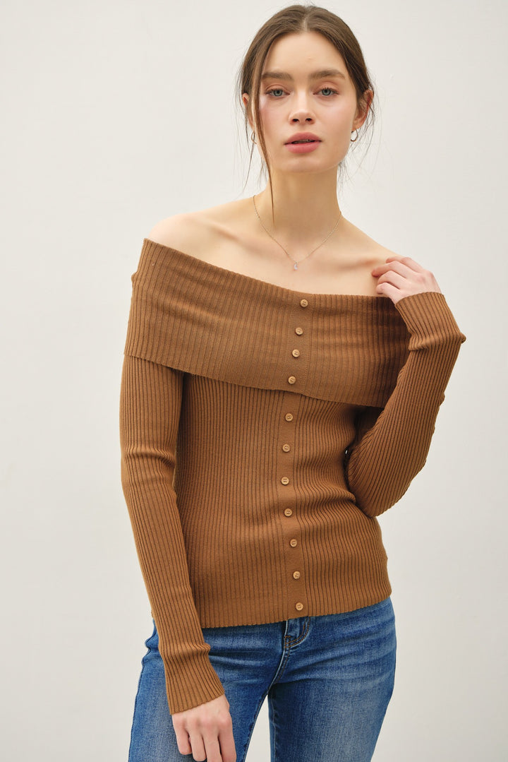 Ribbed Longsleeve Roll Shoulder Button Up Top