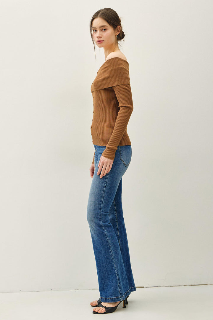 Ribbed Longsleeve Roll Shoulder Button Up Top