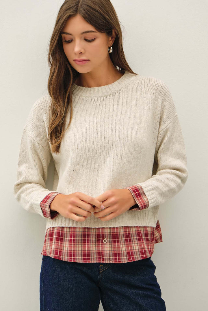 Plaid Shirt Layered Look Sweater