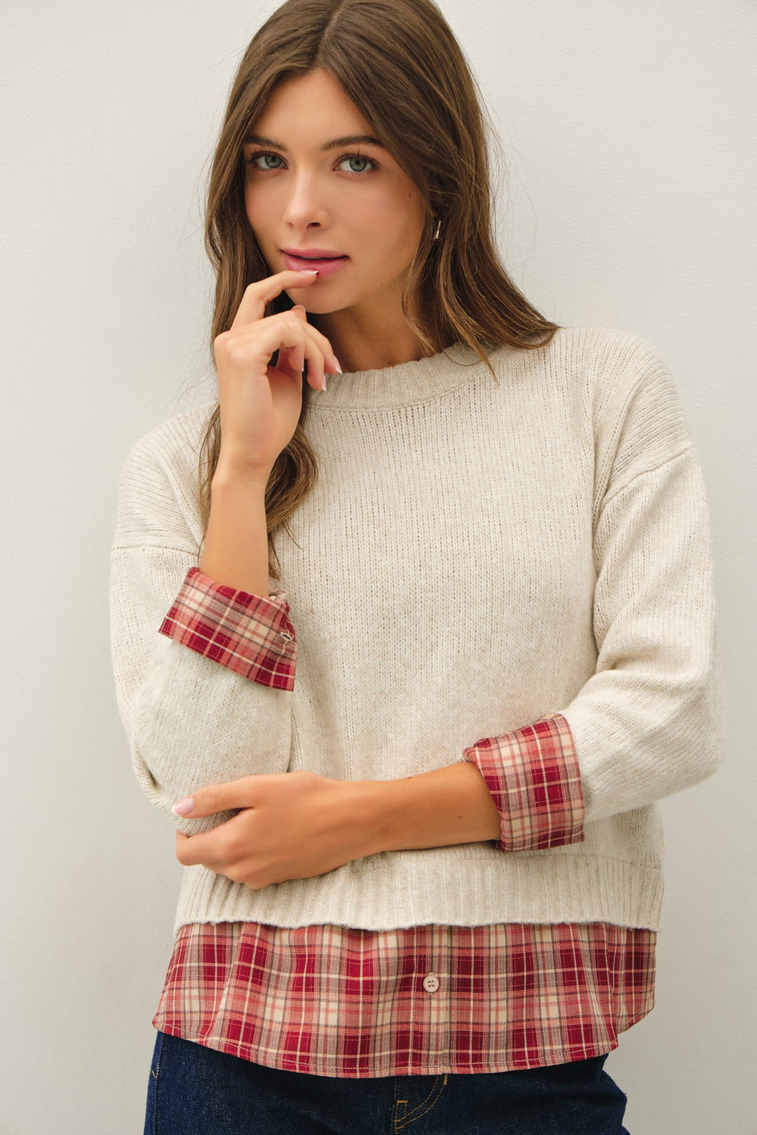 Plaid Shirt Layered Look Sweater