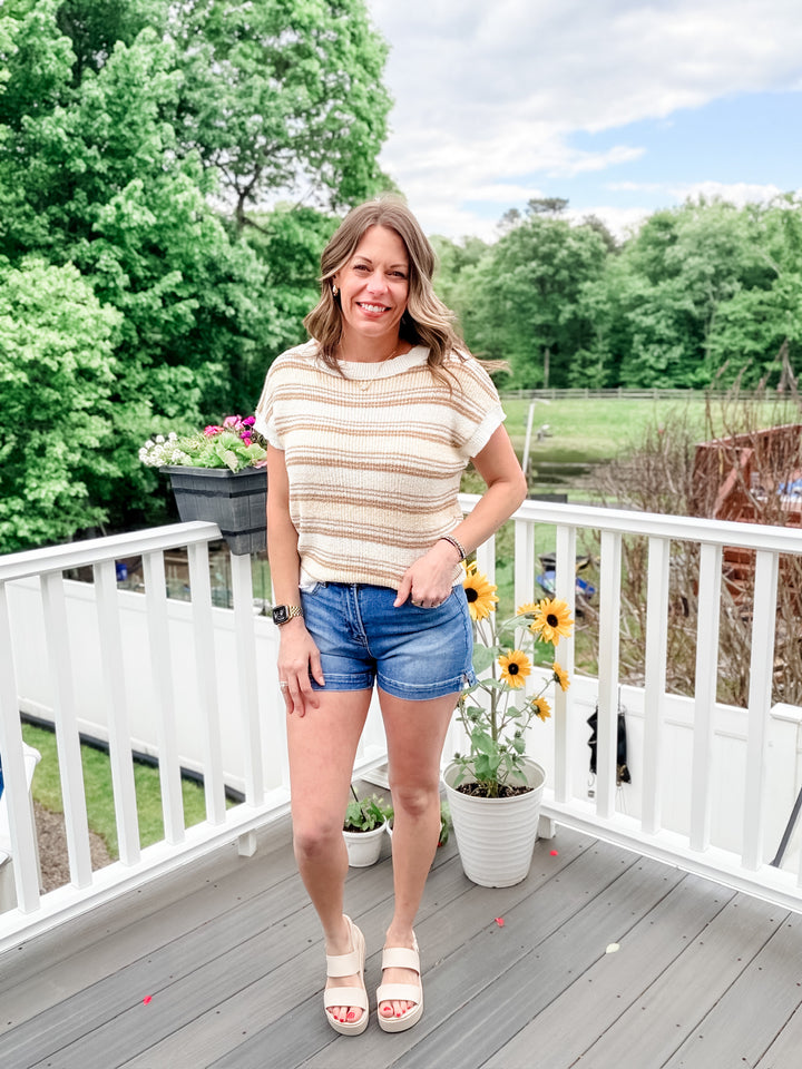 Multi-color Stripe Short Sleeve Knit Pullover