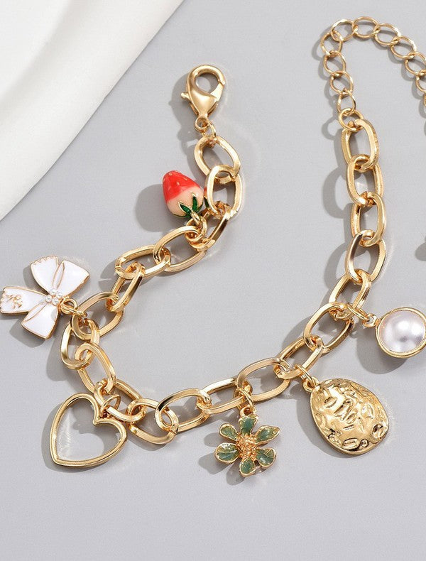 Bow Strawberry Pearl Charm Bracelet