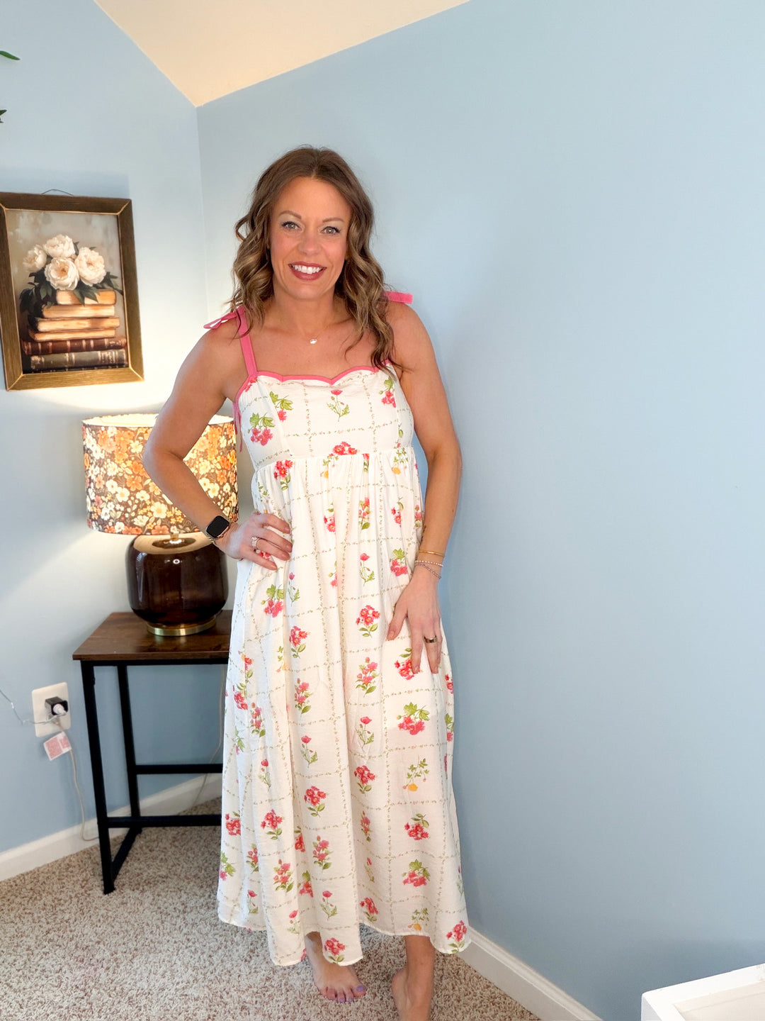 Floral Tile Pattern Scalloped Tie Strap Midi Dress