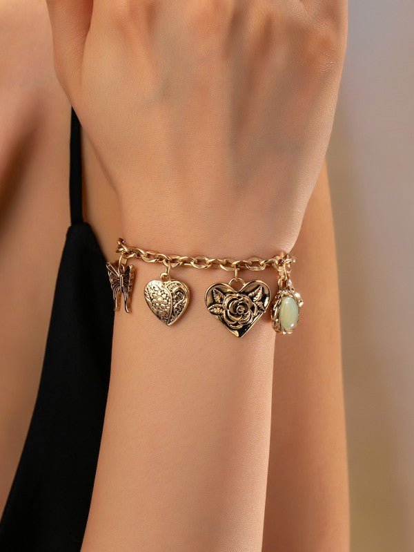 Gold Charm Bracelet W/ Hearts & Flowers