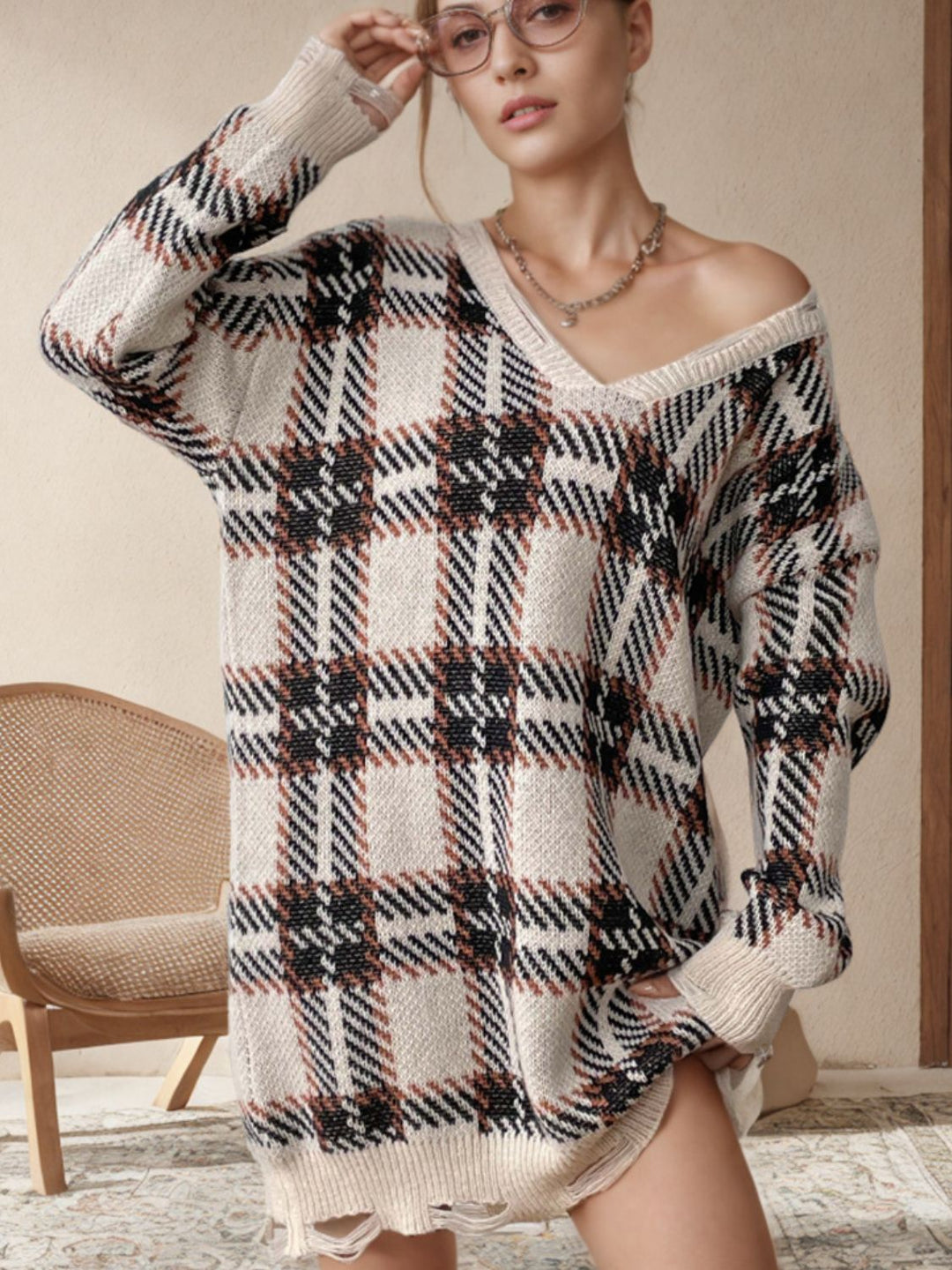 Distressed Plaid V-Neck Long Sleeve Sweater Dress Tan / One Size