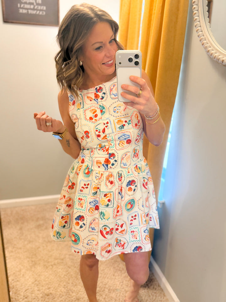 Mediterranean Lunch Motif Sleeveless Mini Dress