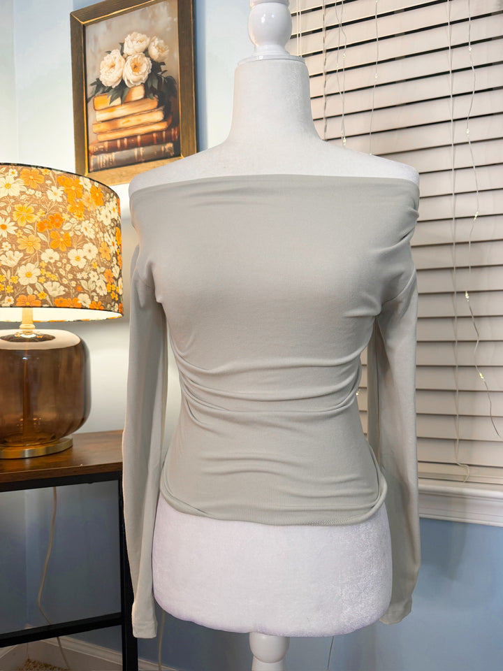 Boat Neck Pintuck Detail Long Sleeve Knit Top