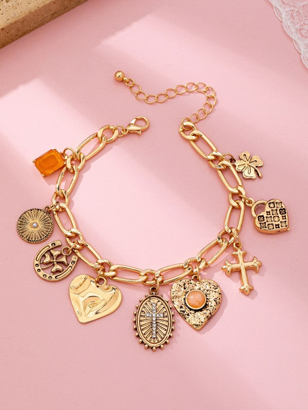 Cross Heart Oval Charm Bracelet