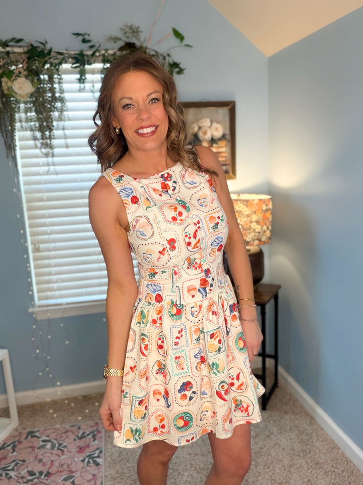 Mediterranean Lunch Motif Sleeveless Mini Dress