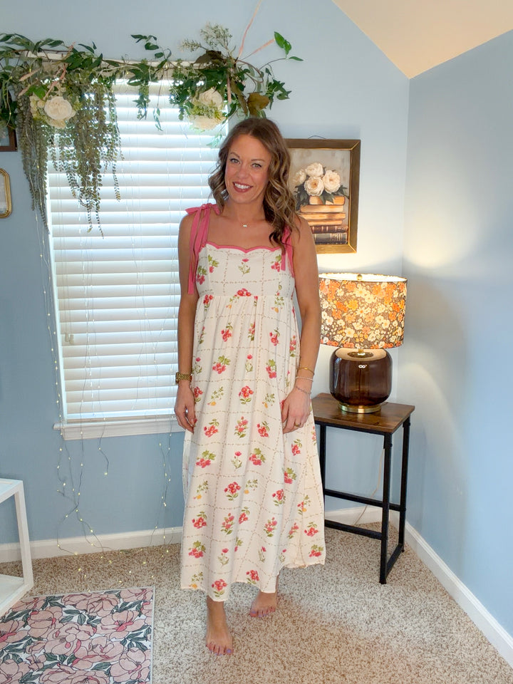 Floral Tile Pattern Scalloped Tie Strap Midi Dress