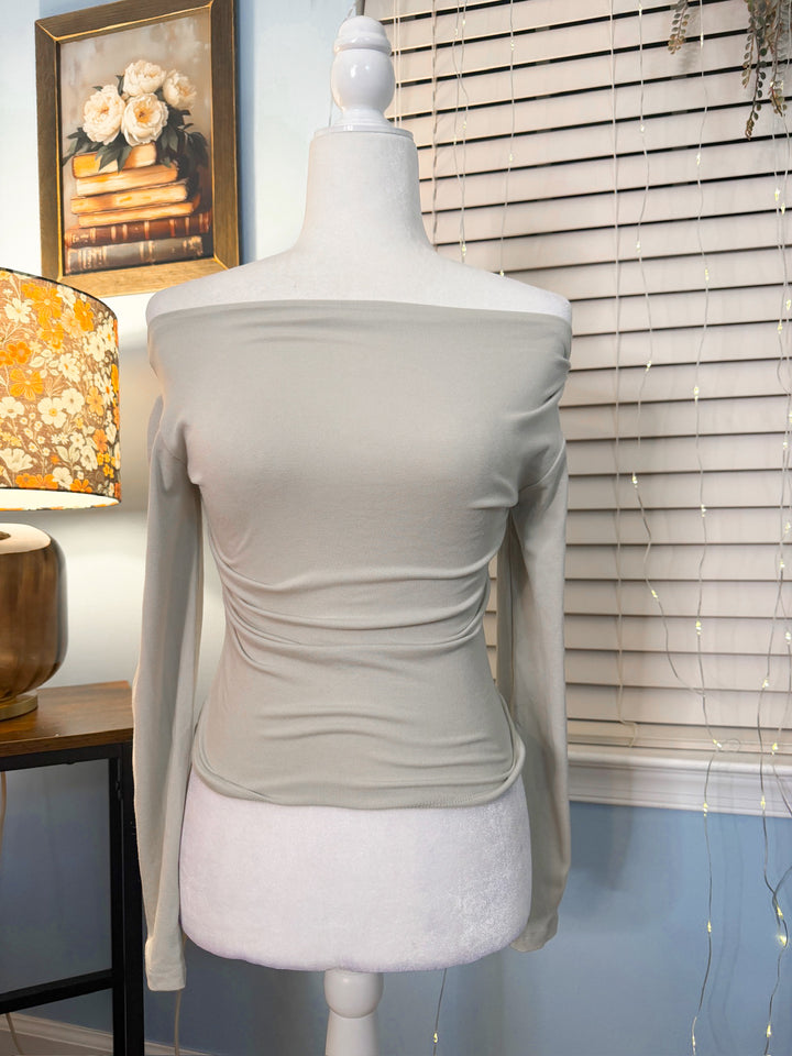 Boat Neck Pintuck Detail Long Sleeve Knit Top