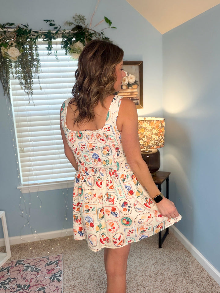 Mediterranean Lunch Motif Sleeveless Mini Dress