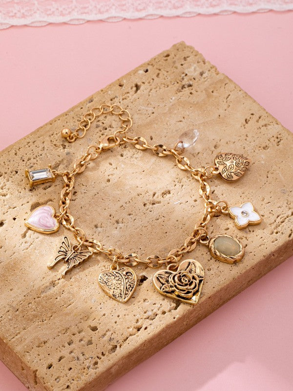 Gold Charm Bracelet W/ Hearts & Flowers