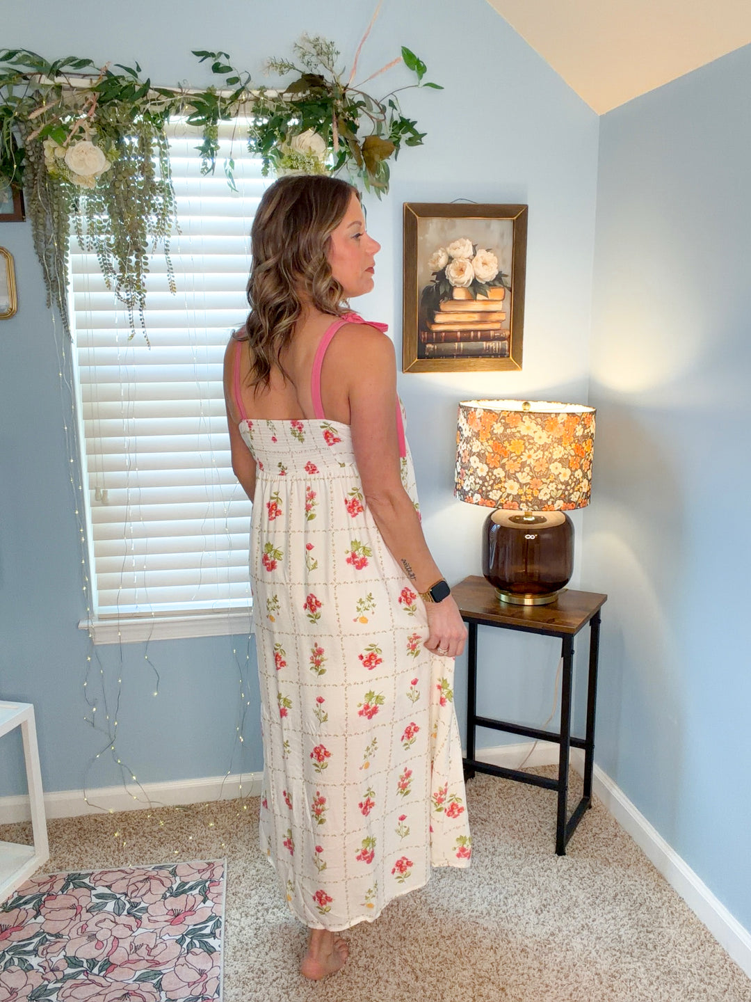 Floral Tile Pattern Scalloped Tie Strap Midi Dress